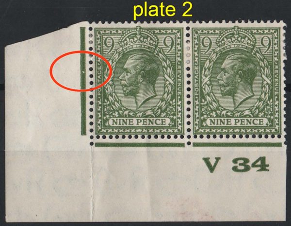 GB 1924 9d sg427 mint V34 corner pair from plate 2, corner copy with crease, good plating piece