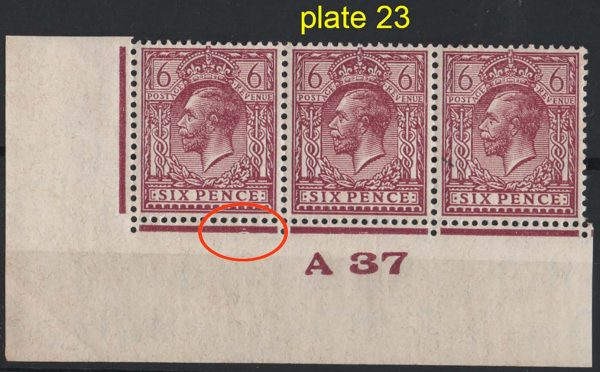 GB 1924 6d ord paper sg426a vf mint (2x um) A37 corner strip of 3 from plate 23, fine plating piece