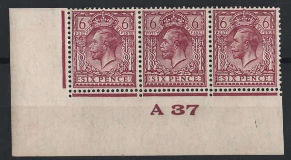 GB 1924 6d ord paper sg426a vf mint (2x um) A37 corner strip of 3 unplated