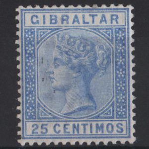 Gibraltar 1889 25c ultramarine, sg26, f mint, interesting inking flaw