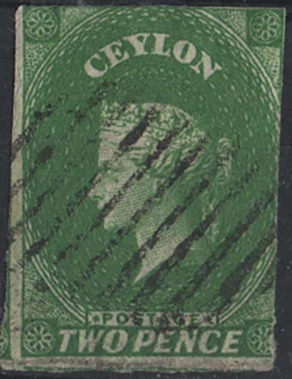 Ceylon 1857 2d green sg3, fu, 2 enormous margins at left & bottom, close at top, into at right, neat datestamp