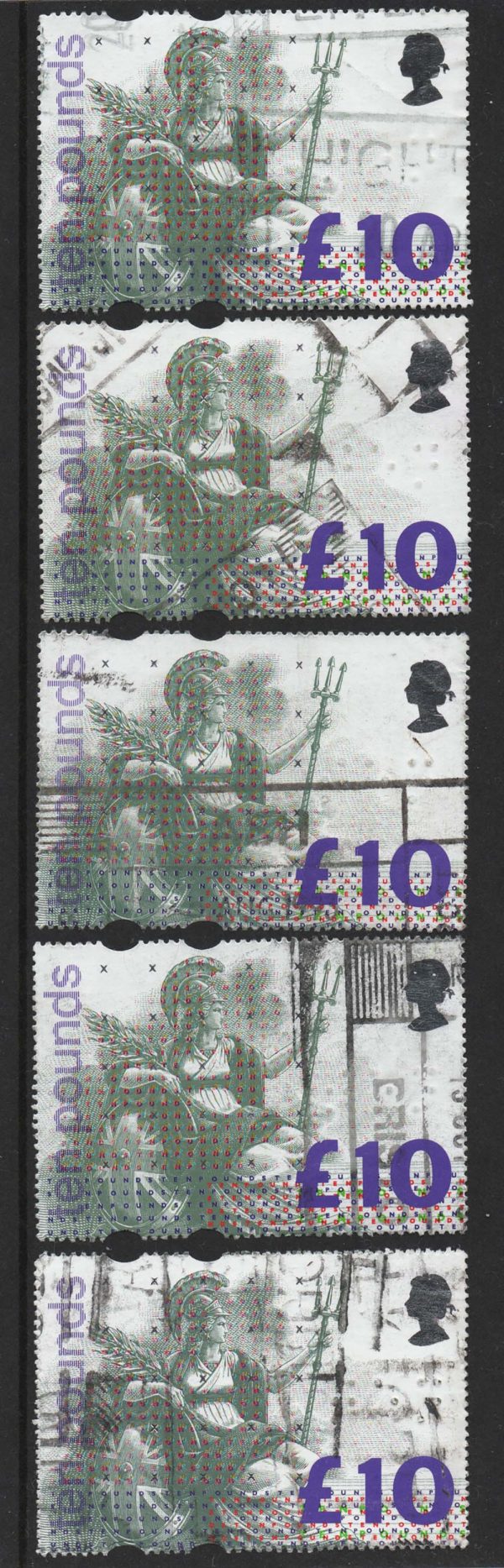 GB 1993 £10 Britannia 5 used examples, cancels as scan