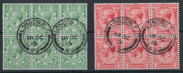 GB 1912 ½d, 1d sg351 panes no selvedge London EC voucher cancels good perfs