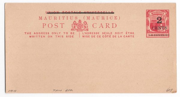 Mauritius 1900 Postal card 2c black on 8c rose with thin bar H&G18 fine unused