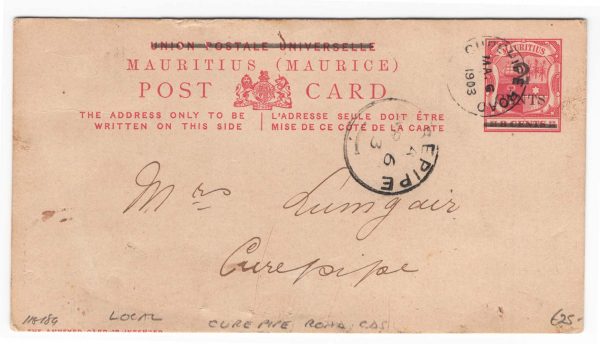 Mauritius 1900 Postal card 2c black on 8c rose fu Curepipe Road 1903 cds, scarce