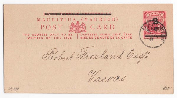 Mauritius 1900 Postal card 2c black on 8c rose fu to VACOAS H&G18a