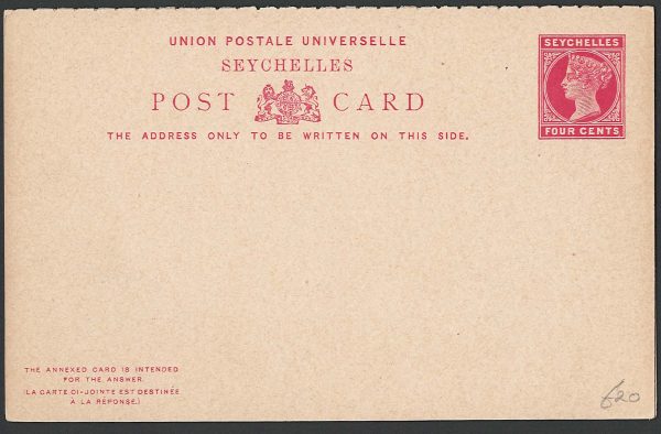 Seychelles 1890 Postal reply card 4c+4c carmine on buff HG4 fine unused ‡
