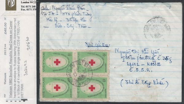 Vietnam 1983 Socialist Republic Red Cross (block 4) on hand made cover to Russia
