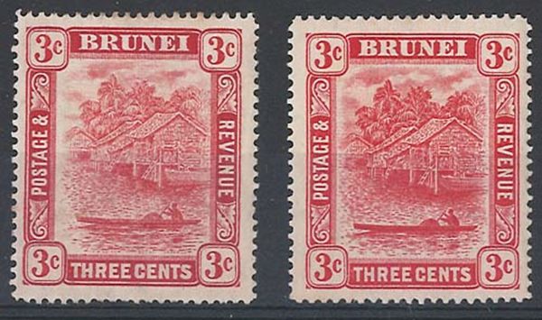 Brunei 1908 3c scarlet (both) sg37-8 f mint c£105