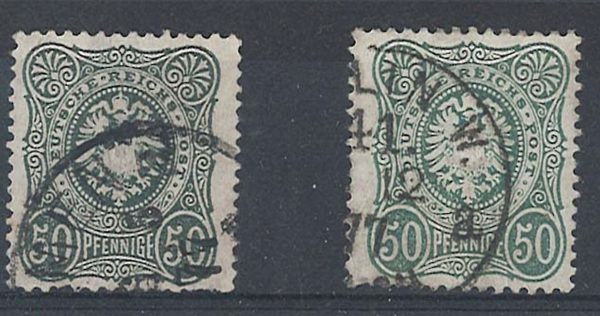 Germany 1875 50pf grey green ditto deep olive green sg37-7a fu neat cds