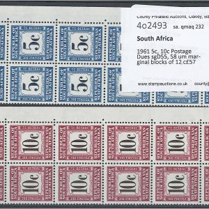 South Africa 1961 5c 10c Postage Dues sgD55 58 um marginal blocks of 12 c£57