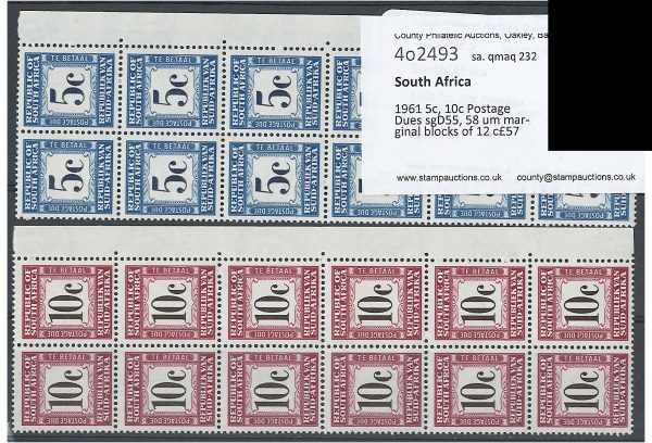 South Africa 1961 5c 10c Postage Dues sgD55 58 um marginal blocks of 12 c£57