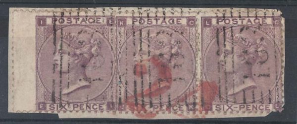 GB 1862 6d sg83 deep lilac 3 singles on piece fu, large red '24' USA arrival