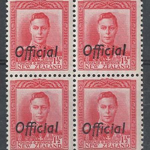 #0920 New Zealand 1938 1½d scarlet Official sgO139 um block of 4 c£48