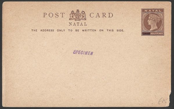 Natal 1894 ½d Postal Card (Penny obliterated with bar) HG9 'specimen' ovpt