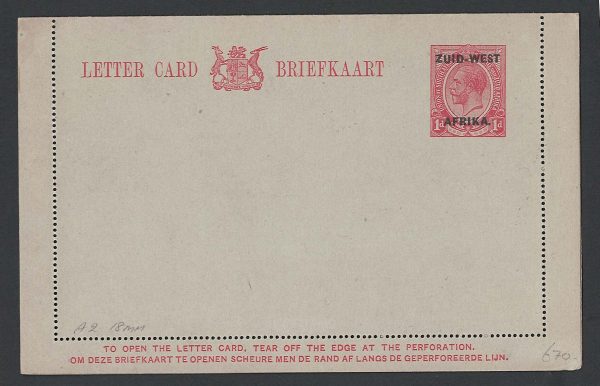 South West Africa 1923 1d ZUID-WEST AFRIKA ovpt Letter Card HG2 fine unused