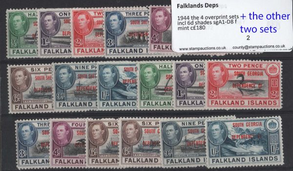 Falklands Deps 1944 the 4 overprint sets incl 6d shades sgA1-D8 fine mint