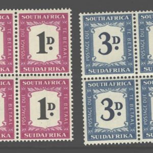 South Africa 1948 1d, 3d Postage Dues sgD35, 37 g-fine um blocks of 4 cat £128