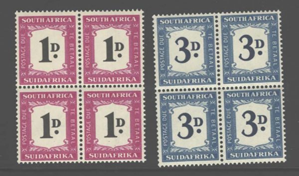 South Africa 1948 1d, 3d Postage Dues sgD35, 37 g-fine um blocks of 4 cat £128