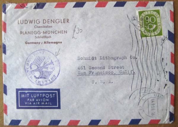 Germany 1953 90pf Posthorn LUDWIG DENGLER commercial airletter to USA