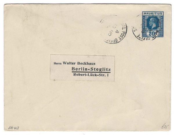 Mauritius 1934 20c Postal envelope (rate increase) H&G44 fu to Berlin