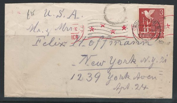 Germany 1947 3m Dove on cover to NY Planetarium Station cachet on reverse