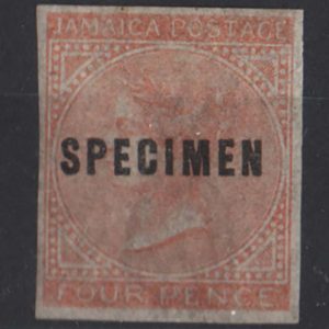 #0796 Jamaica 1860 4d brown-orange wmk pineapple sg4 vf mint imperf 'specimen' ovpt