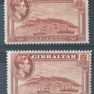 #0702 Gibraltar 1938 1d yellow-brown perf 14 sg122 f mint 2 slight shades cat £52+