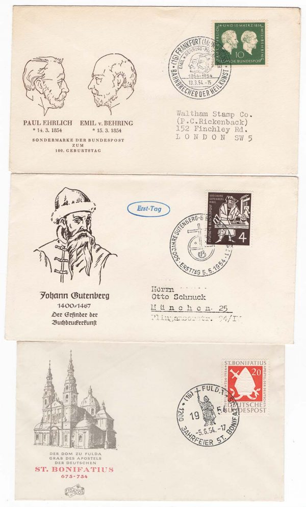 Germany 1954 EHRLICH - St Boniface illustrated FDCs sg1123-5 - all fine c€106 ‡