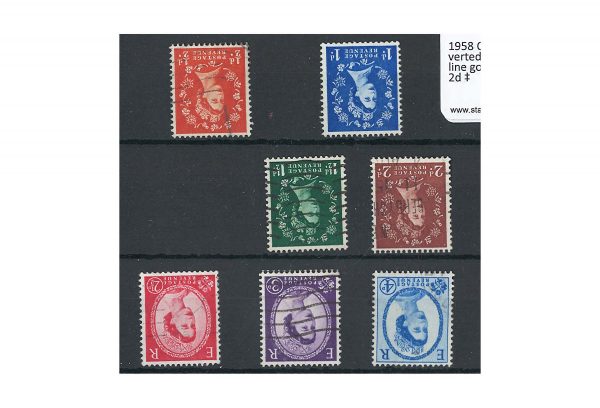 GB 1958 Crown wmk inverted set of 7 fu wavy line good perfs incl scarce 2d