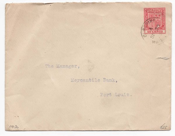 Mauritius 1925 12c Postal Envelope CUREPIPE - PORT LOUIS fu, small tear in cover