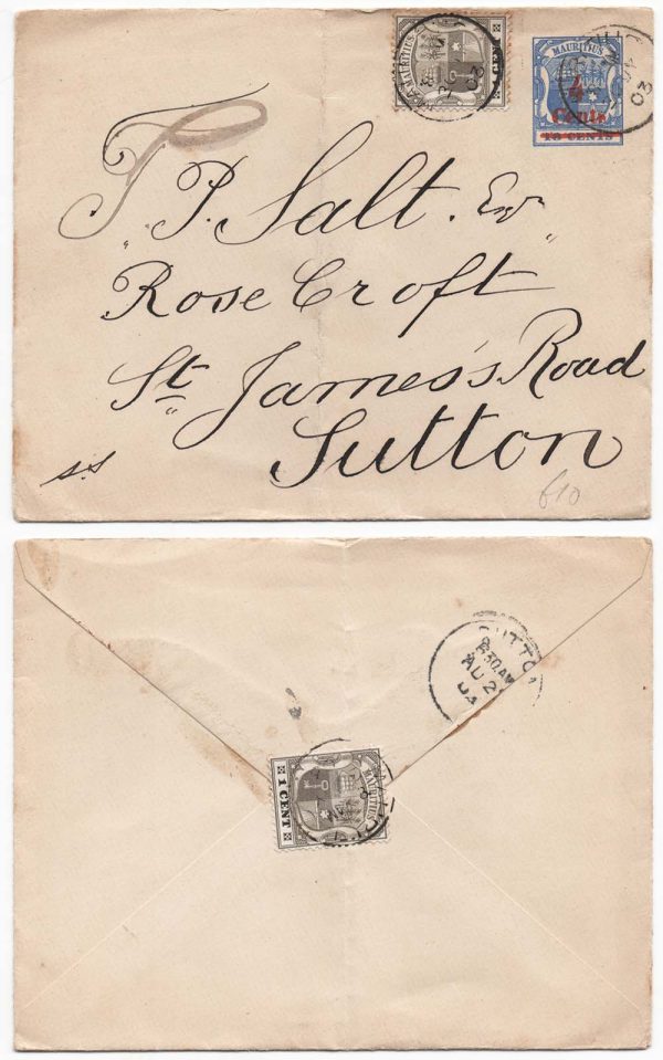 Mauritius 1903 4c on 18c Postal Envelope uprated 2x 1c, one used as a seal