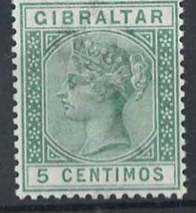 #0698 Gibraltar 1889 5c broken M variety um sg22a minor gum bleed c£190
