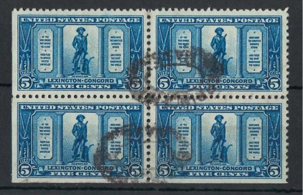 USA 1925 Lexington Concord 5c blue fu block of 4 marginal imperf at left & base