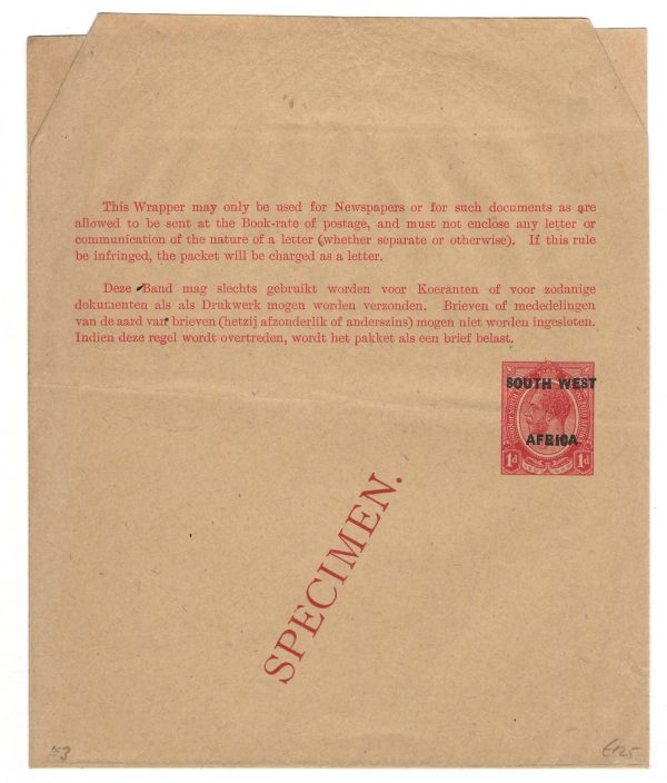 South West Africa 1923 1d red on buff wrapper HG8 ovpt specimen in red fine unused