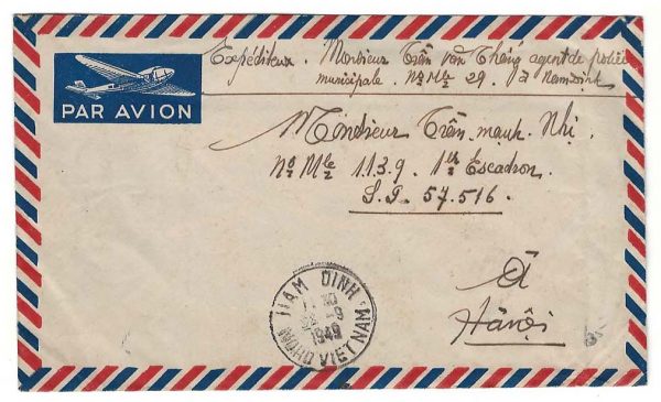 Vietnam 1949 Stampless express cover NAM DINH to Hanoi with contents