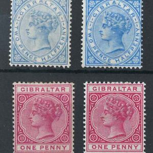 #0697 Gibraltar 1886 1d rose 2½d blue + 1998 1d carmine 2½d ultramarine fresh m/mint