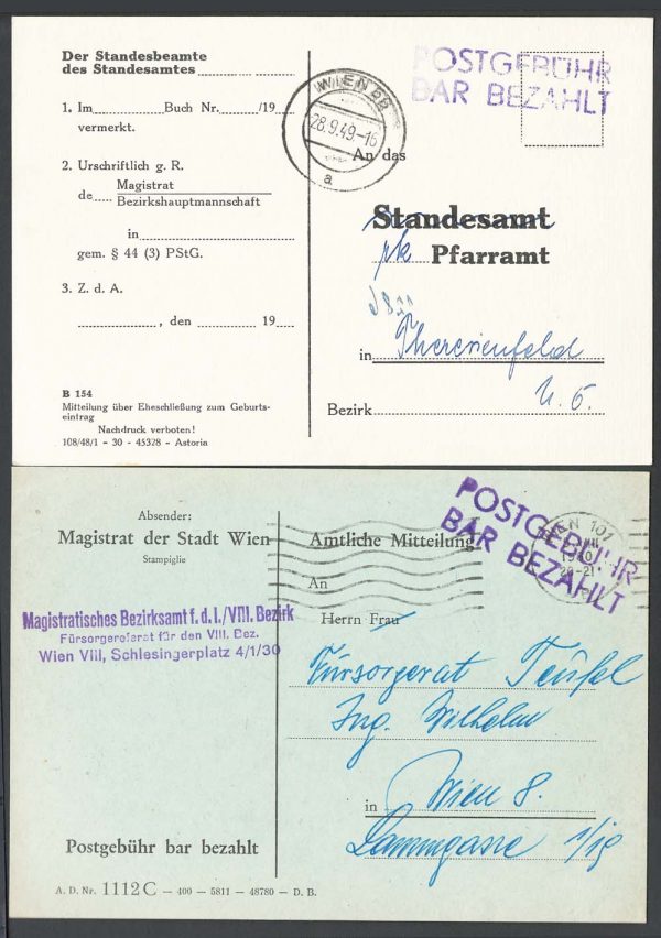 Austria 1949 Official card stamped Postgebühr bar Bezahlt (postage paid in cash)
