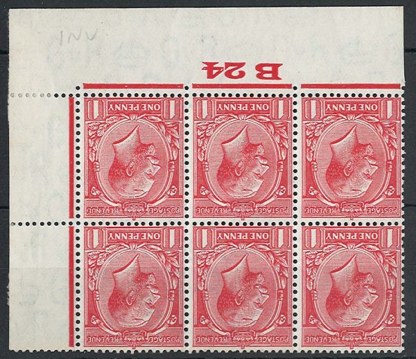 GB 1924 1d sg419 wmk inv, control B24 corner blk of six, stamps um ‡