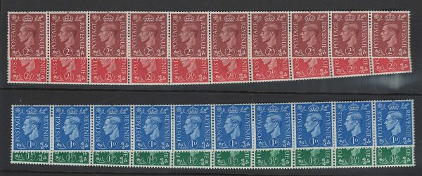 GB 1951 New Colours wmk sideways set in coil strips of 10 um, generally good perfs