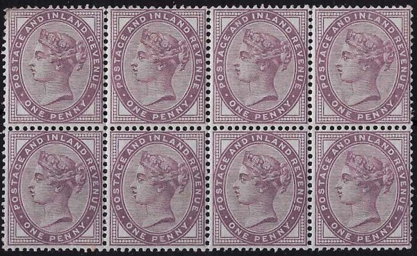 GB 1881 1d lilac 16 dots um blk of 8
