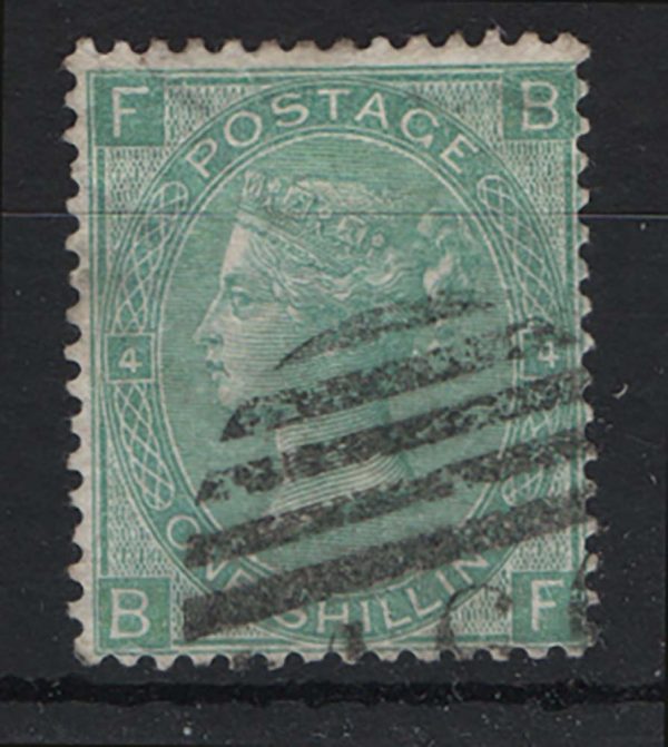 GB 1865 1s green sg101 plate 4 wmk emblems fu c£275