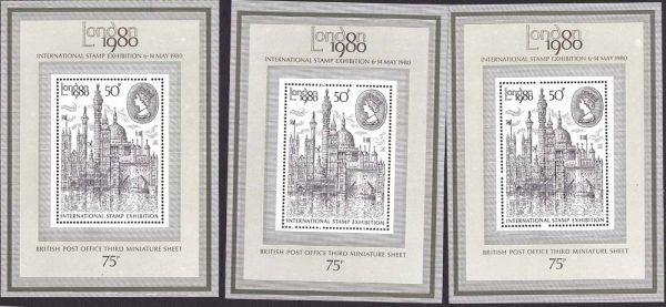 GB 1980 50p m/sheet um, prominent constant light spot in border at top right, ditto 2 other lesser states ‡