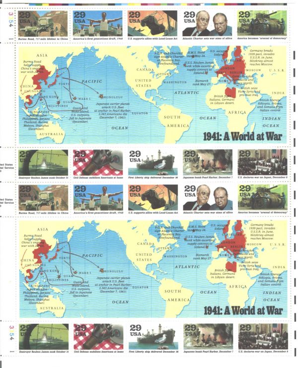 USA 1991 50th Anniv US entry to WW2 sheetlet of 20 + 2 map labels um sg2611 etc