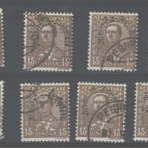 #0005 Albania 1928 15q bistre, kingdom of Albania horseshoe ovpt 8x fu copies