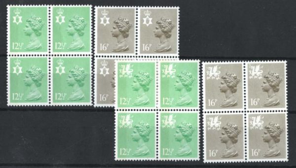 GB 1984 Wales 12½p, 16p perf 15x14 um blocks of 4, ditto N Ireland c£49+