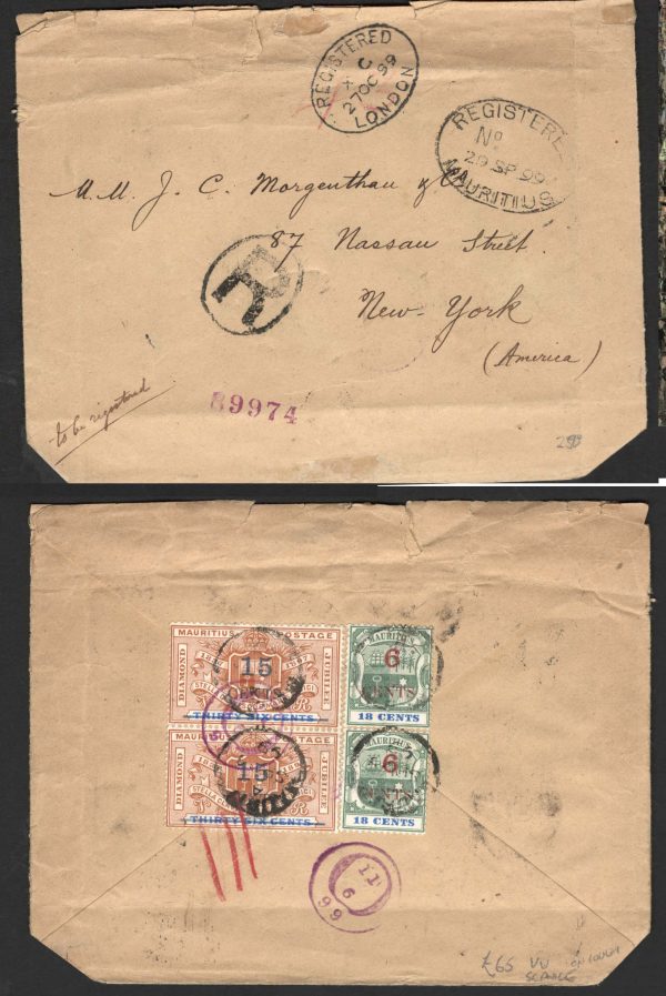 Mauritius 1899 Reg cover to NY via London, franked 2x 15c on 36c & 2x 6c on 18c