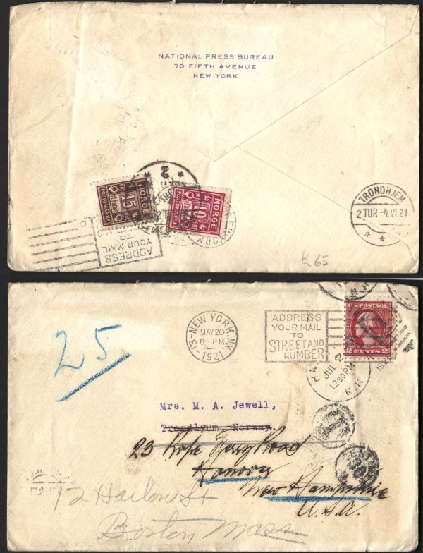 Norway 1921 Incoming cover from USA franked 2c, 10ö & 15ö dues applied on reverse