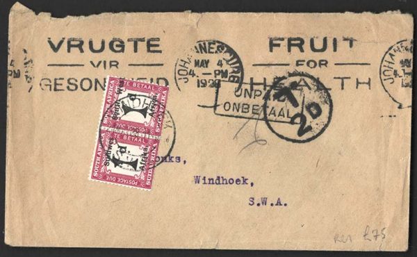 South West Africa 1928 Unstamped cover with pair of 1d postage dues