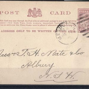 Victoria 1876 1d postal card fu in 1890 addr to NSW, HG1a